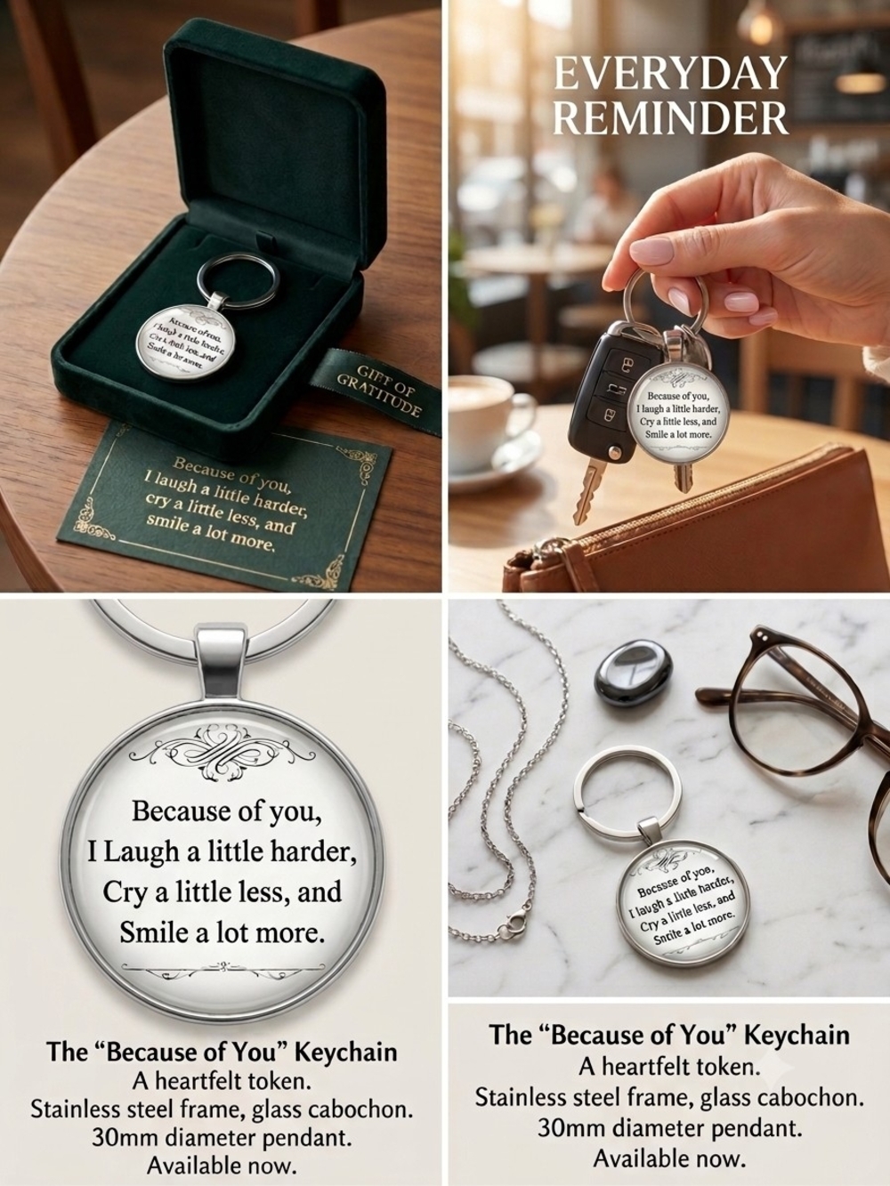 "Because of You" Inspirational Stainless Steel Keychain - Silver